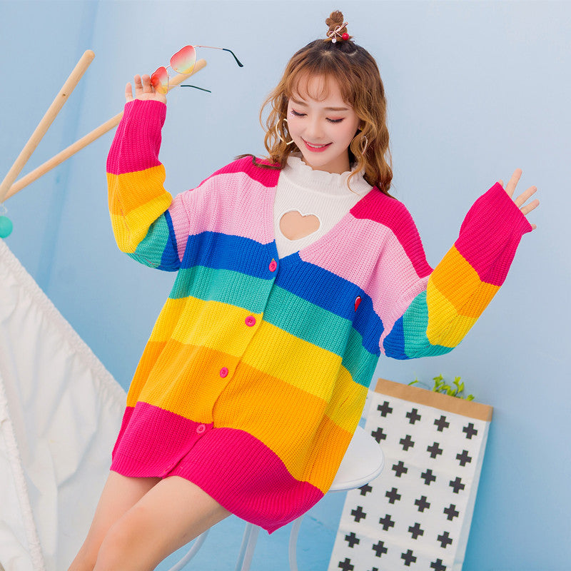 Winter rainbow colorblock cardigan sweater PL20822