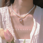 Pink rhinestone pearl clavicle chain PL51831