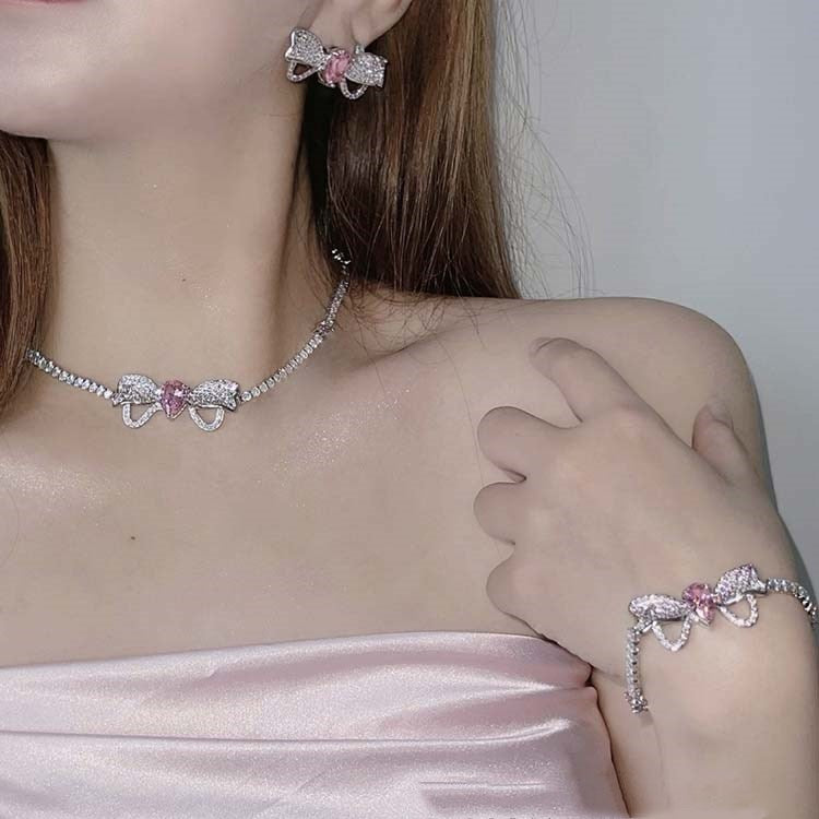 Pink Bow Necklace Earrings PL52019