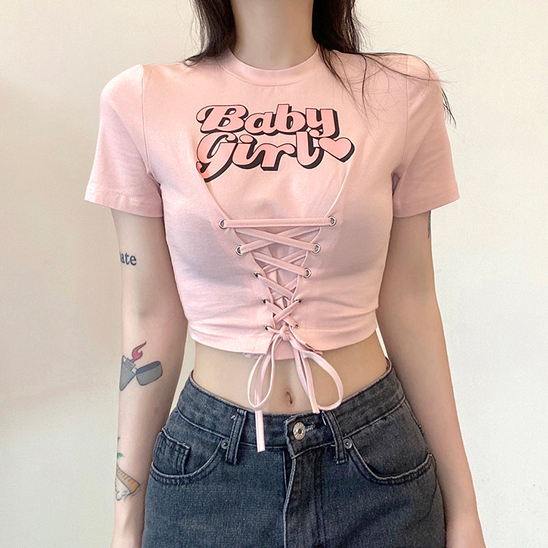 Cute Pink Lace Up Short Sleeve  PL52310