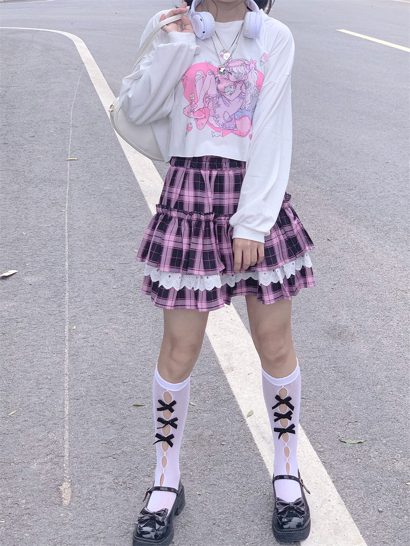 Black pink check pleated skirt PL52121
