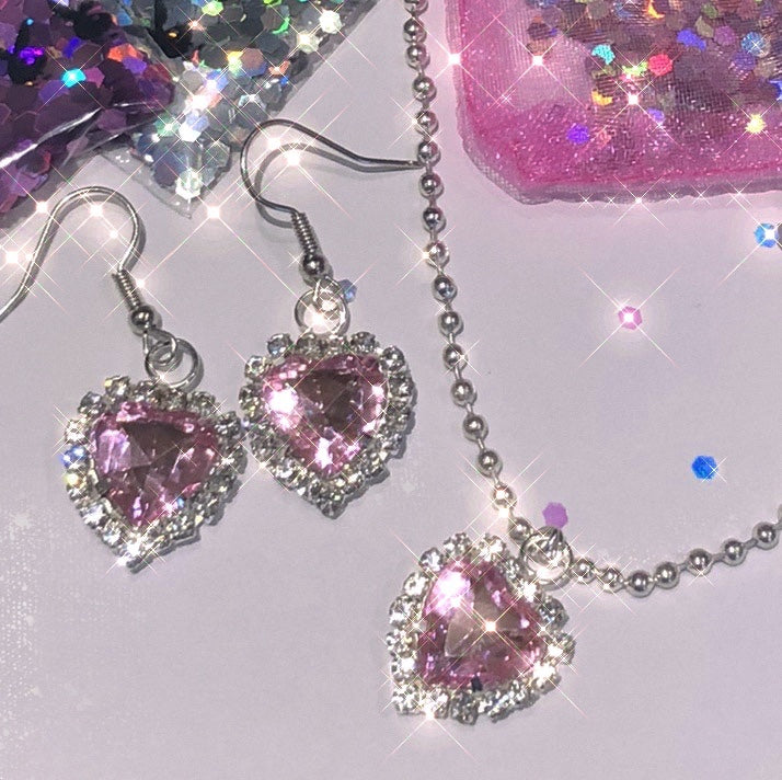 Harajuku Rhinestone Love Earrings + Necklace PL51624