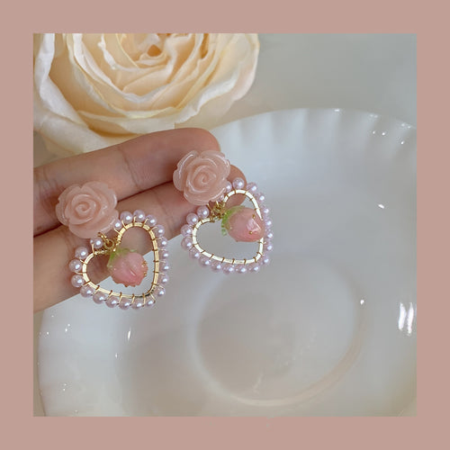 Lovely pink rose pearl love earrings PL51762