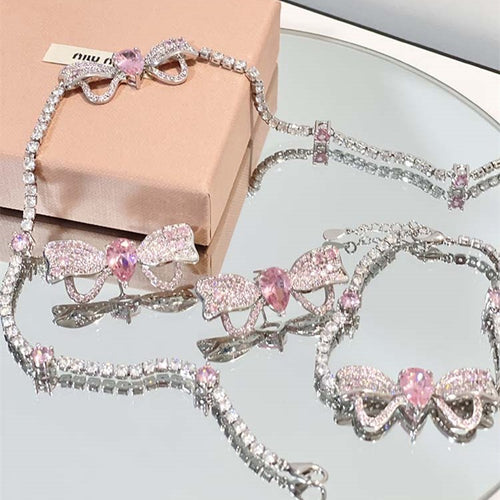 Pink Bow Necklace Earrings PL52019