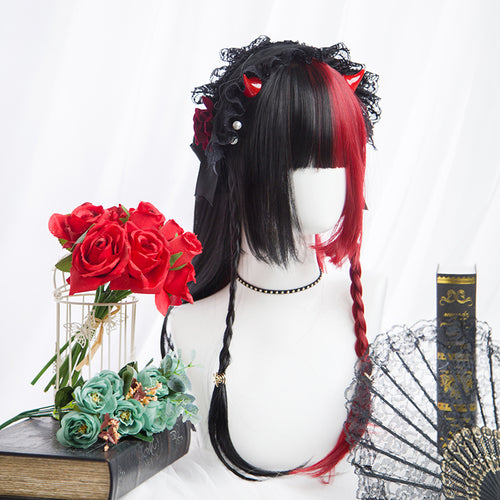 Red black long straight wig PL50378