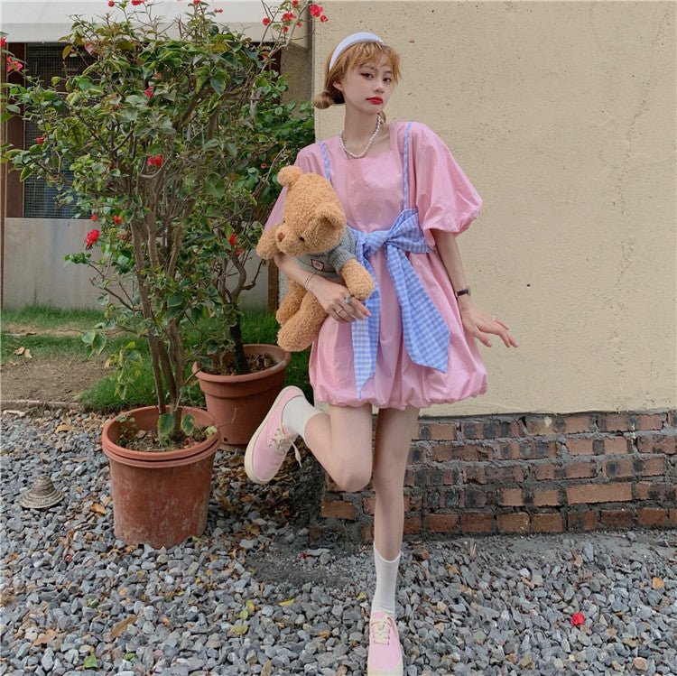 Pink Dress + Bow Knot Plaid Sling Suit  PL52701
