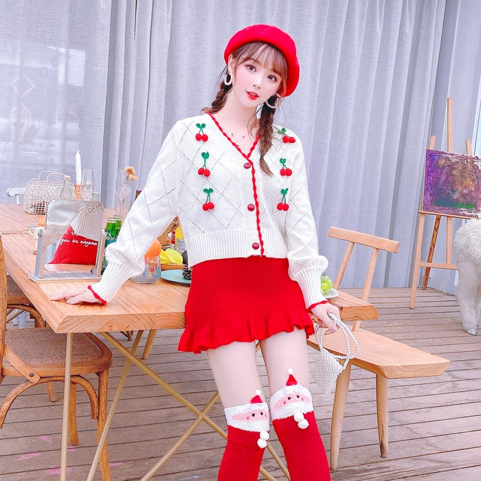 White knitted sweater + red skirt two-piece set  PL52515