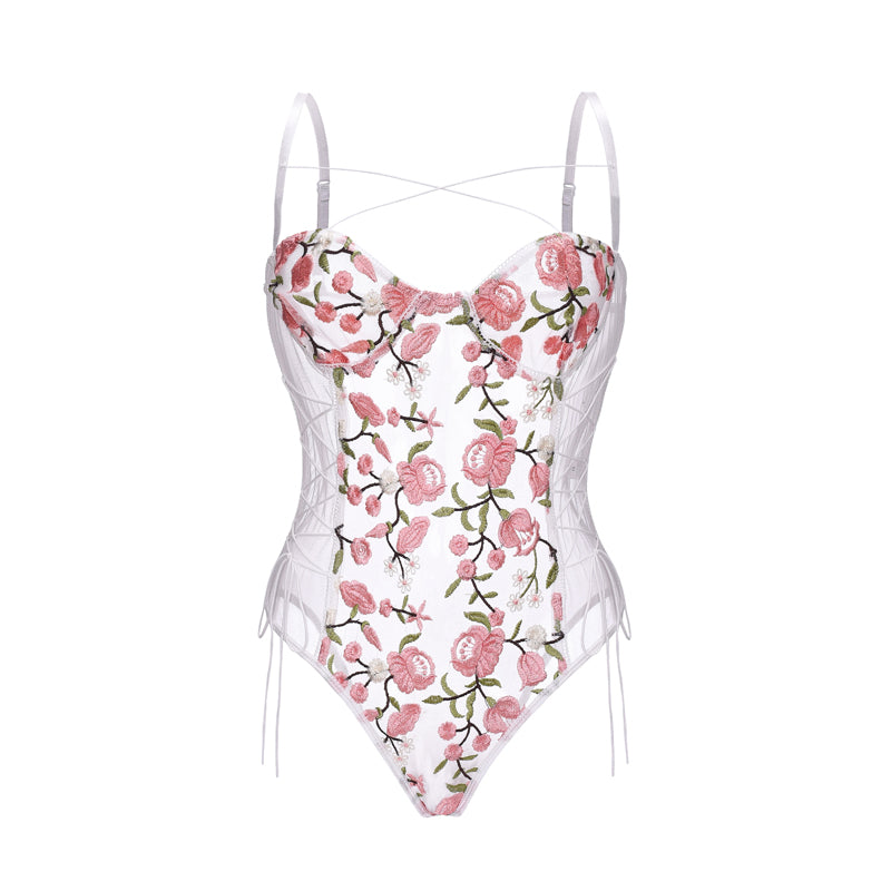 Embroidered flowers lace bodysuit PL52104