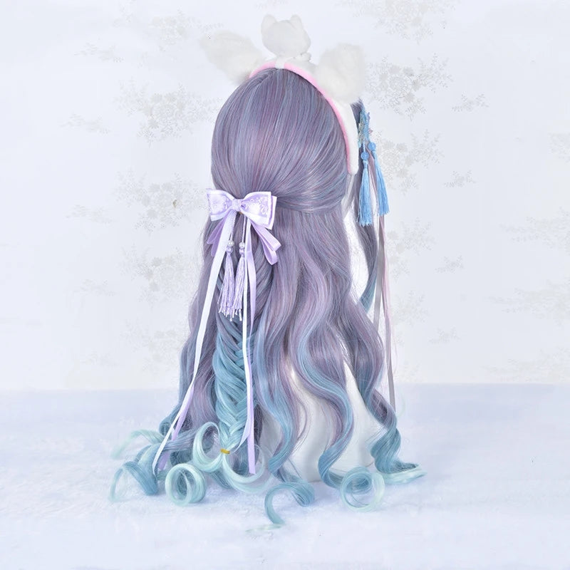 Blue purple long curly wig PL50554
