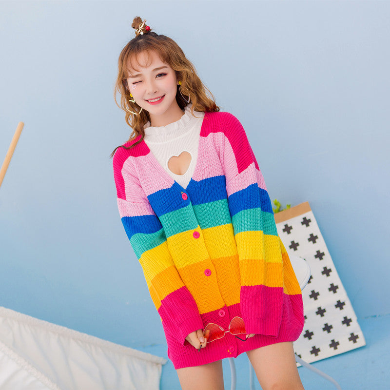 Winter rainbow colorblock cardigan sweater PL20822