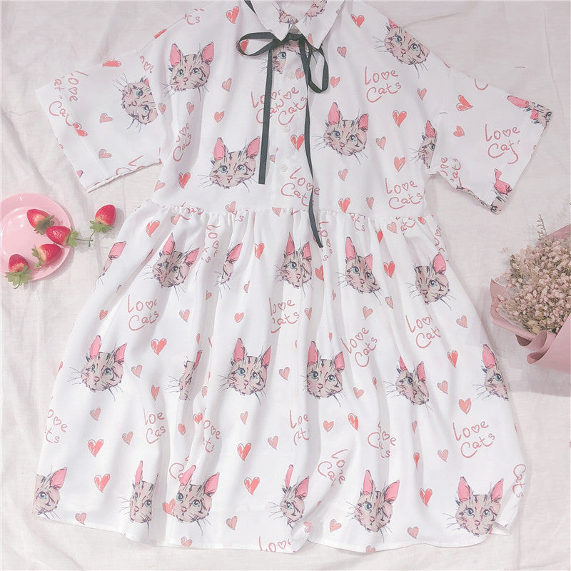 Cat Print Short Sleeve Dress PL20213