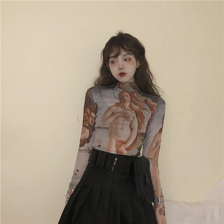 Oil painting printed mesh bottoming shirt PL20909