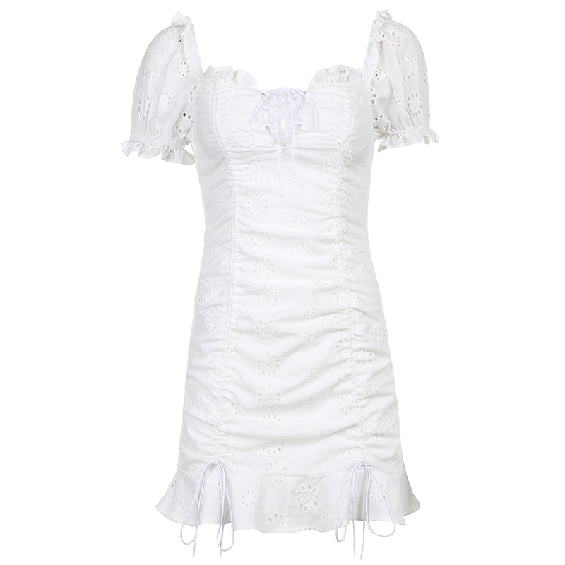 Vintage Puff Sleeve Jacquard Cutout Dress PL52391