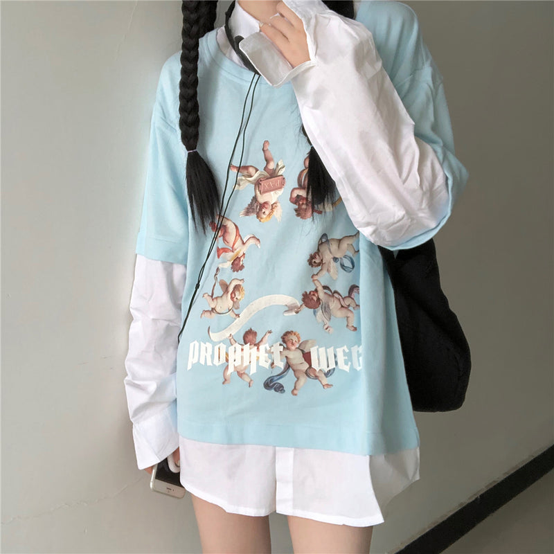 Cute printed fake two-piece T-shirt PL51296