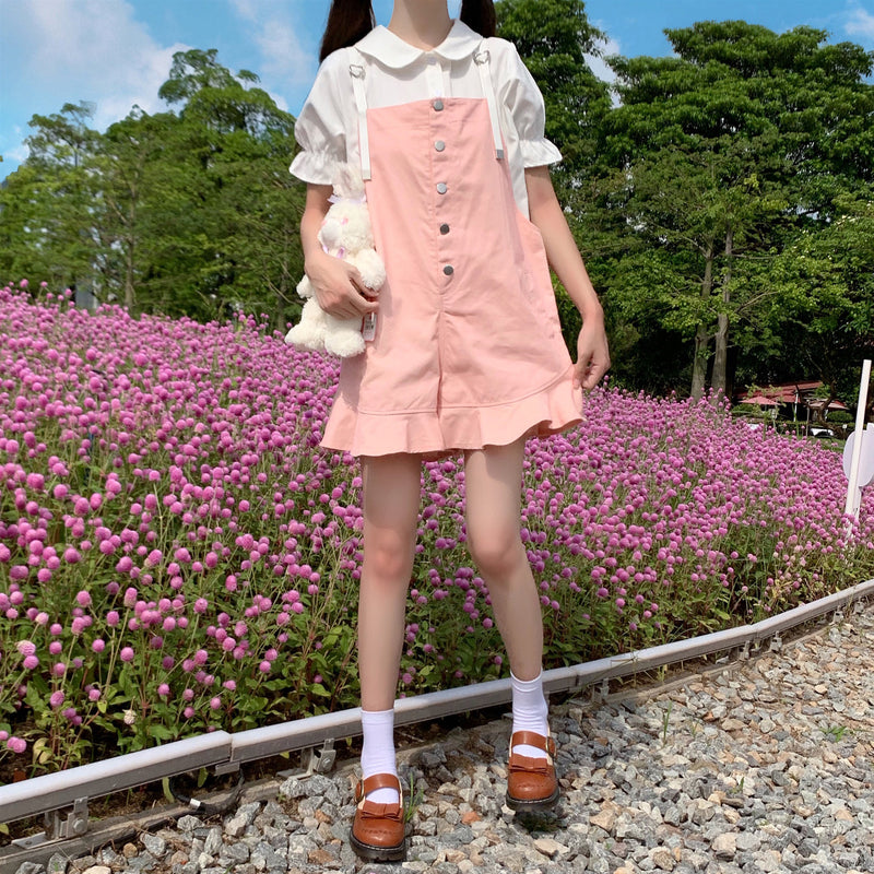Cute girly white shirt + pink overalls  PL51418