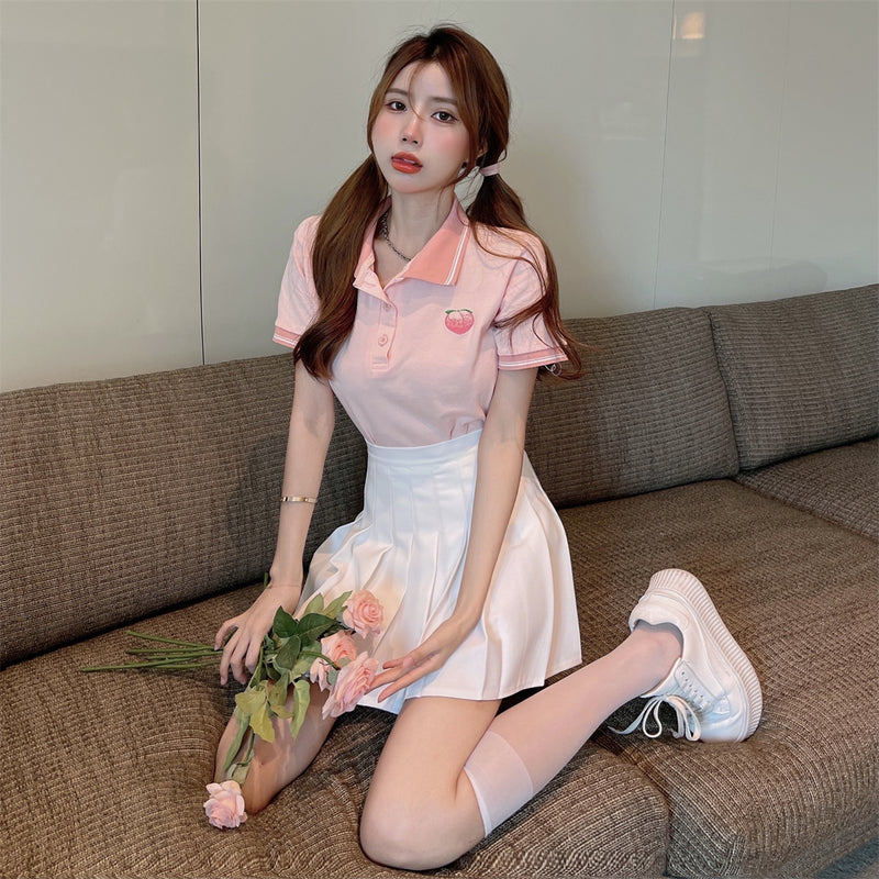 Cute peach blossom T-shirt + white pleated skirt PL51574