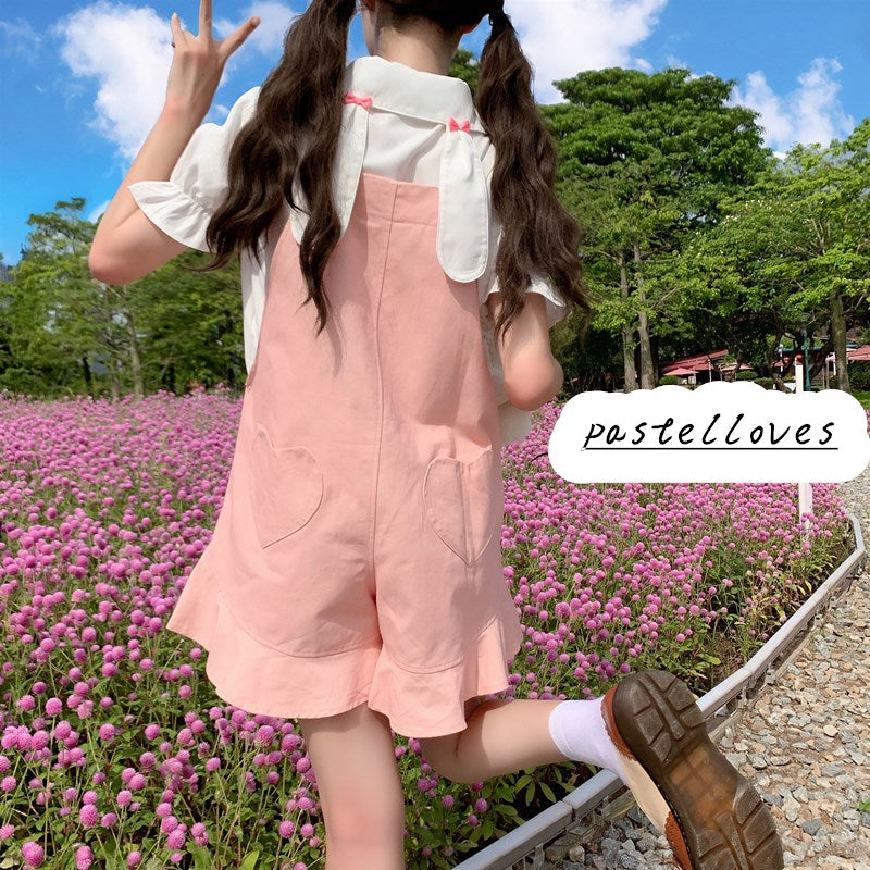 Cute girly white shirt + pink overalls  PL51418