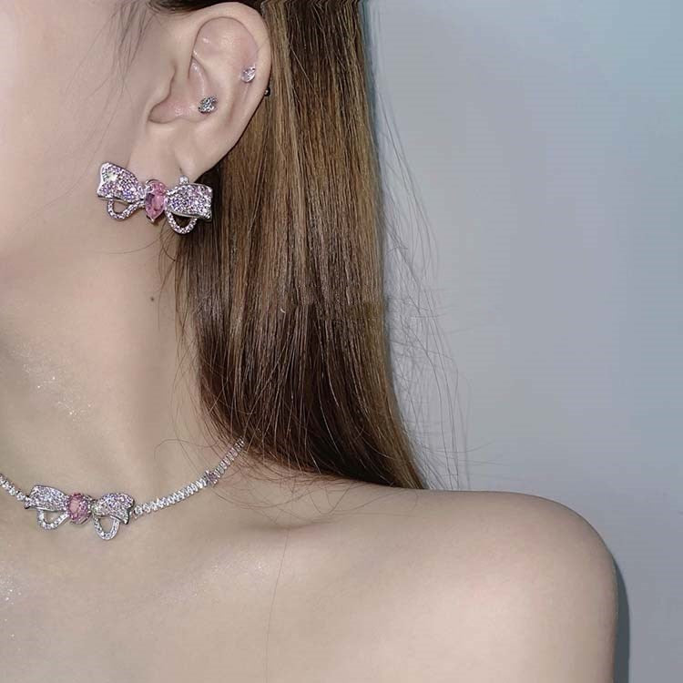 Pink Bow Necklace Earrings PL52019